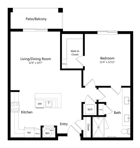 Floor plan for 1 bed, 1 bath, 824 sqft